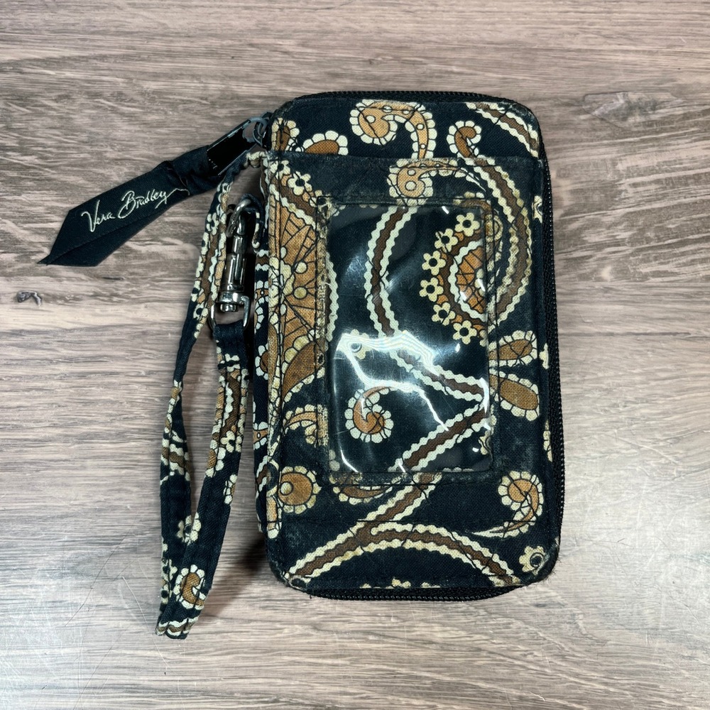 Vera Bradley Paisley Wristlet Wallet Womens Small Black Tan Quilted ID Window